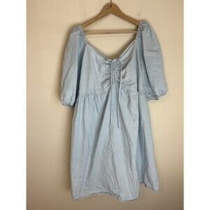 ASOS 3X Denim Dress Mini Cowgirl Western Chambray Mini Puff Sleeve Peasant Boho